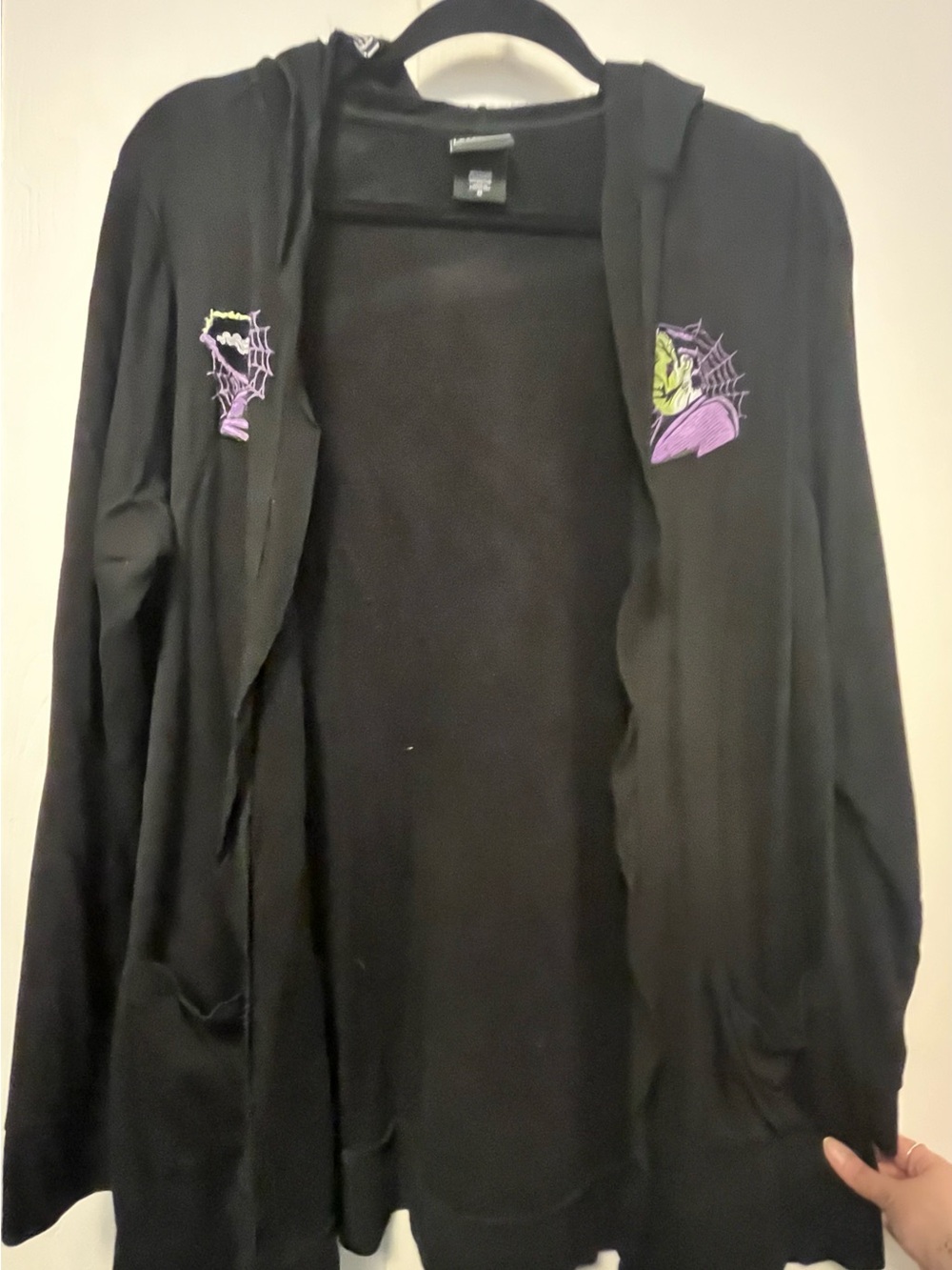 Black Torrid Hooded Cardigan with Purple & Lime Embroidered Frankenstein Accents